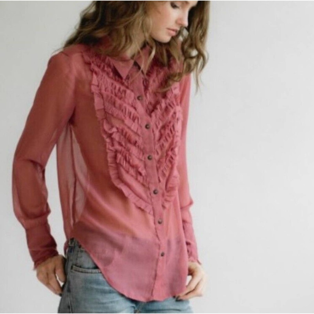 Free People Semi Sheer Raspberry Ruffle Tuxedo Blouse Size Large